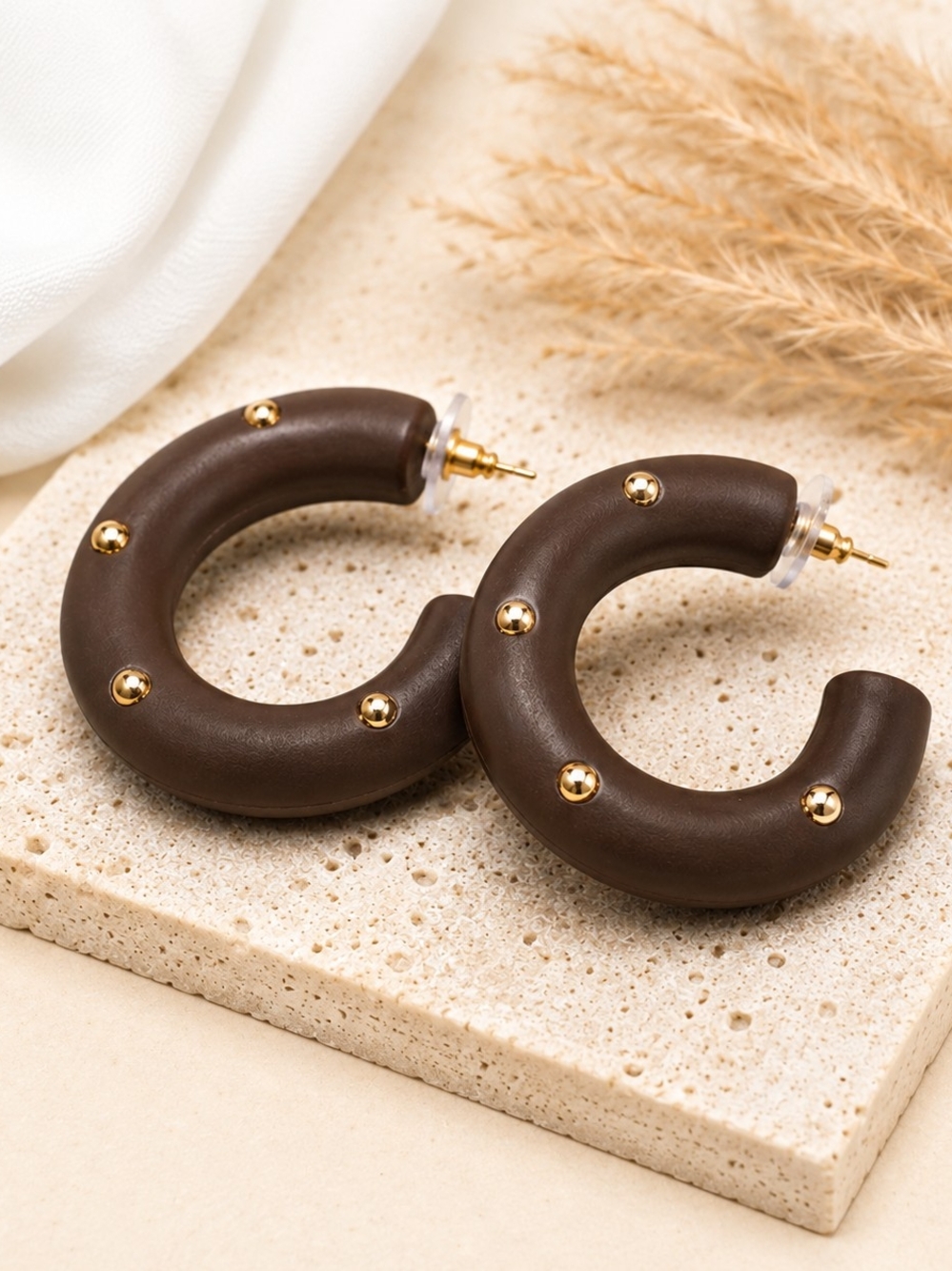 Gold Studded Cocoa Brown Hoop Earrings